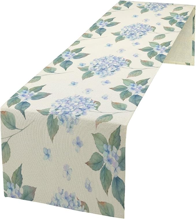 Spring Hydrangea Flower Table Runner, Seasonal Summer Plants Watercolor Blue Florals Dinner Runner for Home Kitchen Dining Table Party Holiday Decoration 13"x108"