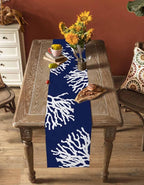 Coastal Coral Cotton Linen Table Runner for Dining Kitchen, Wedding Outdoor Party Tablerunners Decoration, Navy Blue Nautical Ocean Beach Dresser Scarf Coffee Tablecloth Runners 13x36 Inches