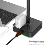 KAFRI RGB Headphone Stand with USB A&C Charger Desk Gaming Headset Holder Hanger Rack with 3 USB Charging Port and 2 Outlet - Suitable for Gamer Desktop Table Game Earphone Accessories Boyfriend Gifts