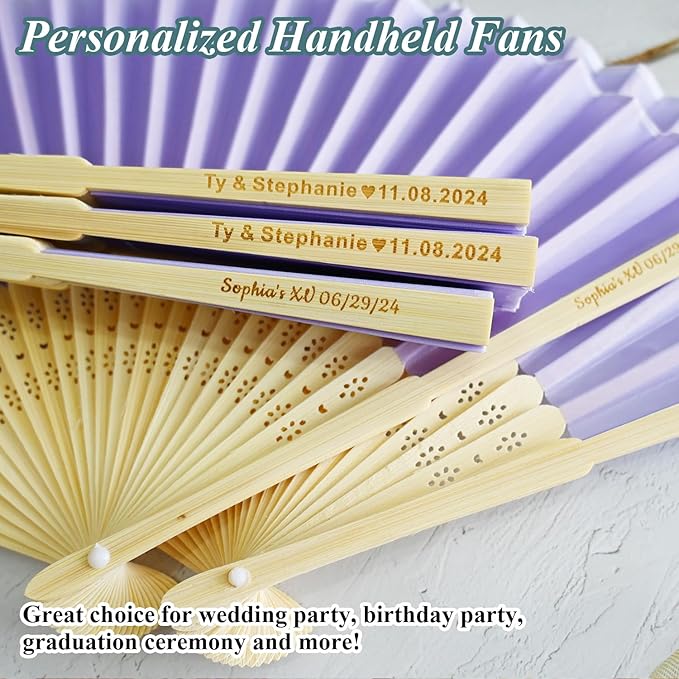 100 Pcs Personalized Purple Wedding Fans for Guests Bulk, Custom Hand Fans Decorative Folding Fans, Wooden Fans Party Favor Birthday Party Supplies Bridal Shower Gifts Baby Shower Favors