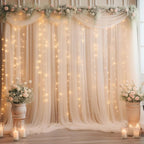 20×10ft Champagne Tulle Backdrop Curtain with Lights String for Parties, Sheer Curtain Backdrop Drapes for Wedding Party Photography Background