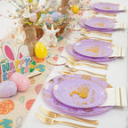 Festiva 175Pcs Easter Plates and Napkins Disposable - Purple and Gold Plastic Dinnerware Set for 50 guests include 50 Plates 25Cups 25Plastic Silverware 25Napkins Perfect for Easter Party