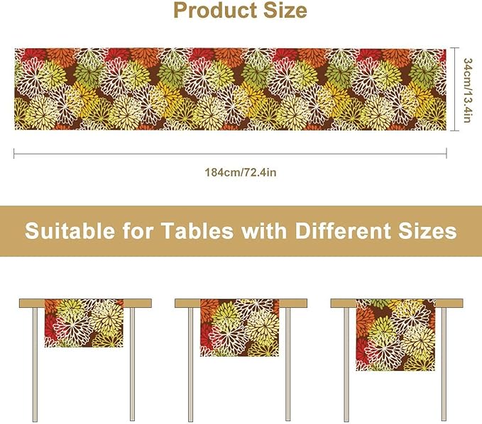 Brown Dahlia Floral Table Runner, Seasonal Autumn Thanksgiving Pattern Print for Home Kitchen Table Decor Dining Coffee Room Party Decor 13x60 Inch
