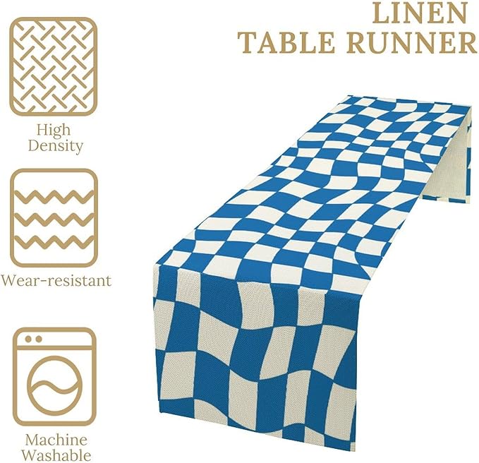 Table Flag Retro Plaid 60s70s Blue Plaid Table Flag Kitchen Restaurant Decoration Suitable for Indoor and Outdoor Festival Home Wedding Party Table Flag 13x90