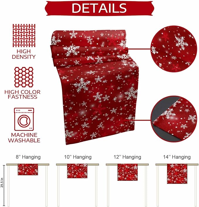 Christmas Snowflakes Cotton Linen Table Runner for Dining Kitchen, Red Xmas Winter Snow Wedding Outdoor Party Tablerunners Decoration, New Year Dresser Scarf Coffee Tablecloth Runners 13x108 Inches
