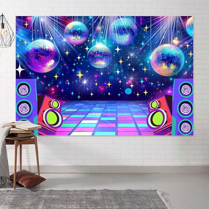 Dance Party Backdrop Retro 80s 90s Theme Stage Dance Ball Music Birthday Party Decoration DJ Photography Background 8 x 6 ft for Baby Shower Picture Photo Shoot Polyester Fabric,Multi1