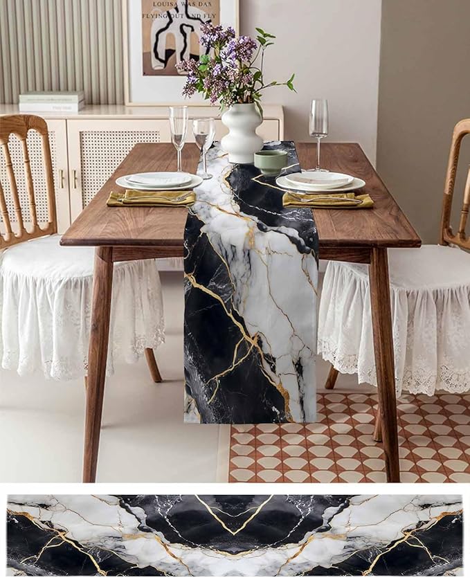 Black White Marble Cotton Linen Table Runner for Dining Kitchen, Wedding Outdoor Party Tablerunners Decoration, Nature Marble Crack Modern Art Dresser Scarf Coffee Tablecloth Runners 13x60 Inches