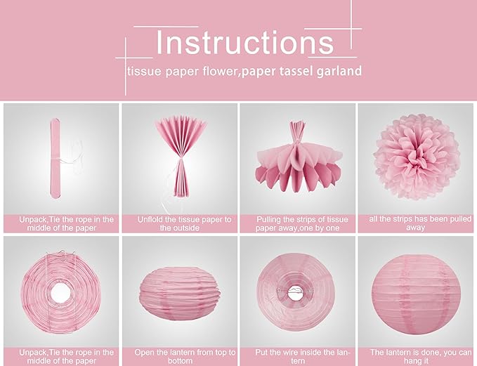 Rose-Gold Pink White Party Decorations - 15Pcs Tissue Pom Poms Paper Flowers Paper Lanterns Birthday Valentines Day Baby Girl Shower Women Bridal Wedding Engagement Bachelorette HongTongTong