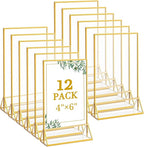 Floroom 12 Pack 4x6 Inch Clear Acrylic Sign Holders, Double-Sided Gold Display Stand Picture Frames for Table Numbers, Menus, Flyers, Weddings, and Offices