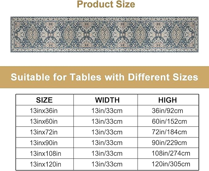 Vintage Boho Floral Table Runner, Rustic Country Farmhouse Blue Grey Retro Flower Pattern for Home Kitchen Table Decor Dining Coffee Room Party Decor 13x90in