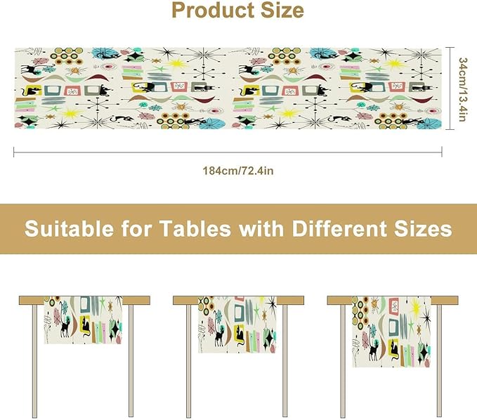 Colorful Geometric Table Runner,Vintage Mid Century Cute Cat Abstract Morden Print Tablecloth Burlap for Hotel Indoors Outdoor Dining Room Kitchen Home Decor, 13x80in