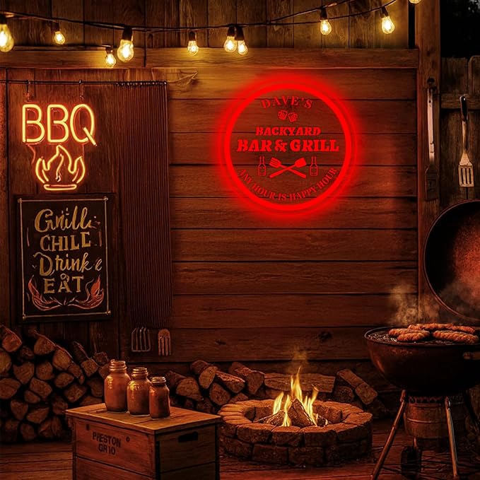 Custom Acrylic LED Bar Sign – Personalized Color Changing Wall Decor for Backyard Patio, Home Bar, Kitchen, or Man Cave (Bar & Grill, 12 INCHES)