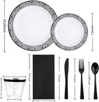 WELLIFE 350Pcs Black Plastic Dinnerware and Napkins Party Supplies Include:50 Dinner Plates, 50 Dessert Plates, 50 Napkins, 50 Cups and 50 Plastic Cutlery