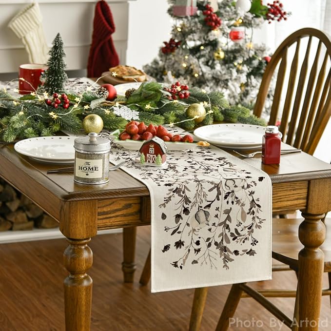 Artoid Mode Leaves and Flowers Cotton 210 GSM Winter Table Runner, Seasonal Christmas Kitchen Dining Table Decoration for Home Party Decor 13x48 Inch
