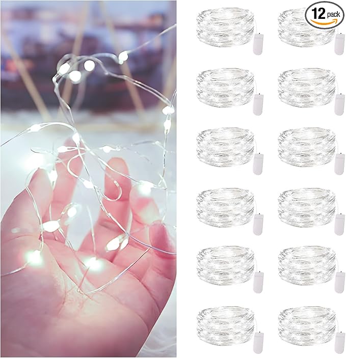 12 Pack Fairy Lights Battery Operated String Lights，7FT 20LED Waterproof Silver Wire Christmas Lights Outdoor,Firefly Mini Lights for Bedroom Party Birthday Wedding Home Decor