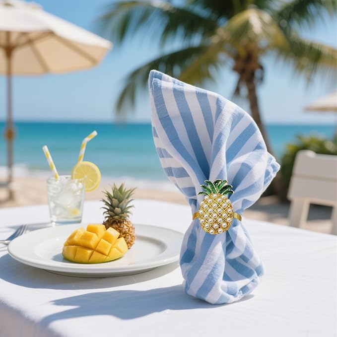 Napkin Rings Set of 8 Pearl Pineapple Napkin Rings for Napkins,Gold Napkin Holders for Cloth Napkins,Summer Napkin Ring for Farmhouse Dining Table Decor,Rustic Fruit Napkin Ring Holders