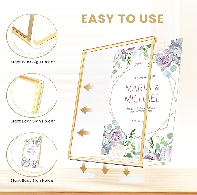 Acrylic Gold Frames 4X6, Slanted Back Gold Picture Frames Table Acrylic Sign Holder for Photos Wedding Table Numbers and Art Display with Removable Clear Sticky Dots，3 Pack