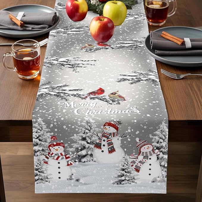 Christmas Snowman Cotton Linen Table Runner for Dining Kitchen, Snowflakes Xmas Pine Tree Wedding Outdoor Party Tablerunner Decoration Winter Bird Dresser Scarf Coffee Tablecloth Runners 13x90 Inches