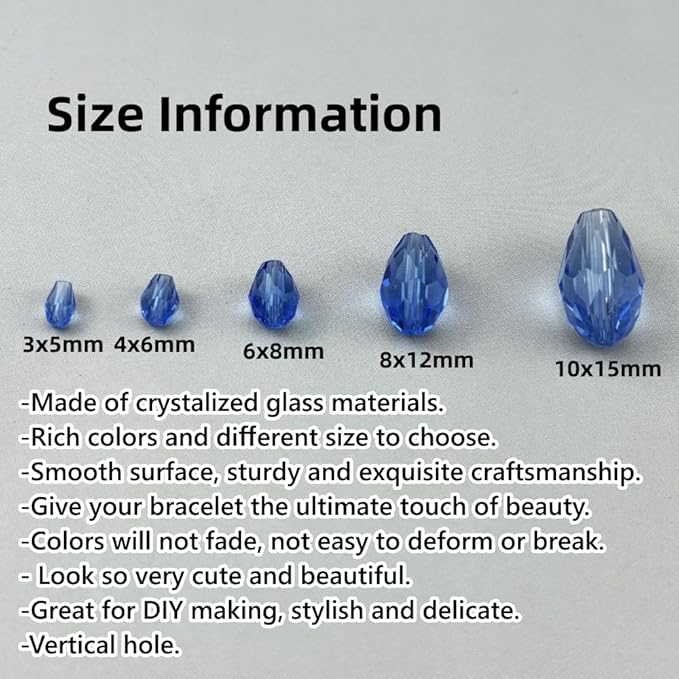 100pcs 8x12mm Teardrop Crystal Glass Beads for Jewelry Making, Faceted Vertical Hole Teardrop Glass Spacer Beads for Wind Chimes Bracelet Earring Necklace DIY Craft(Light Blue)
