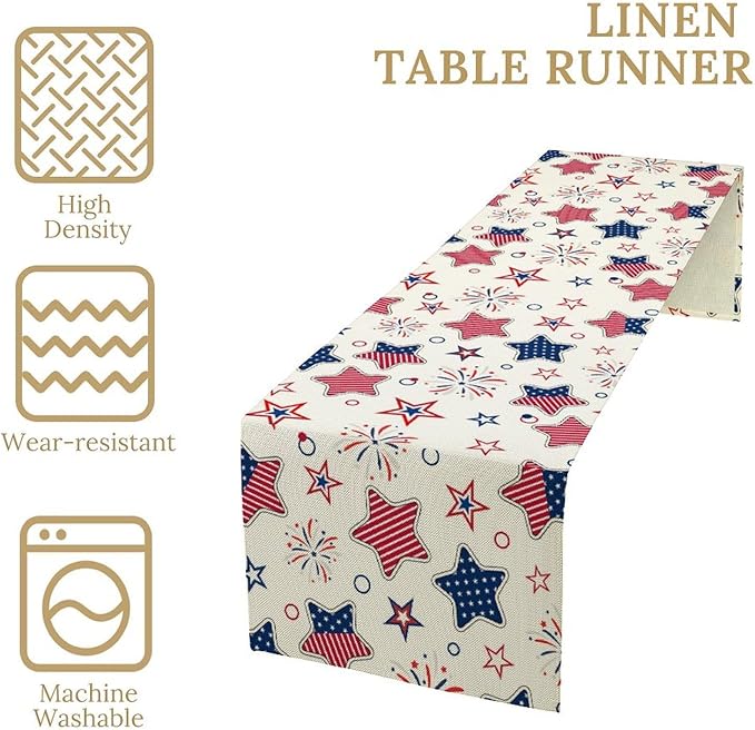 4th of July Table Runner, American Patriotic Independence Day Red Blue White Stars Stripes Fireworks Print Table Runner for Home Party Decor Kitchen Dining Table, 13x60inch