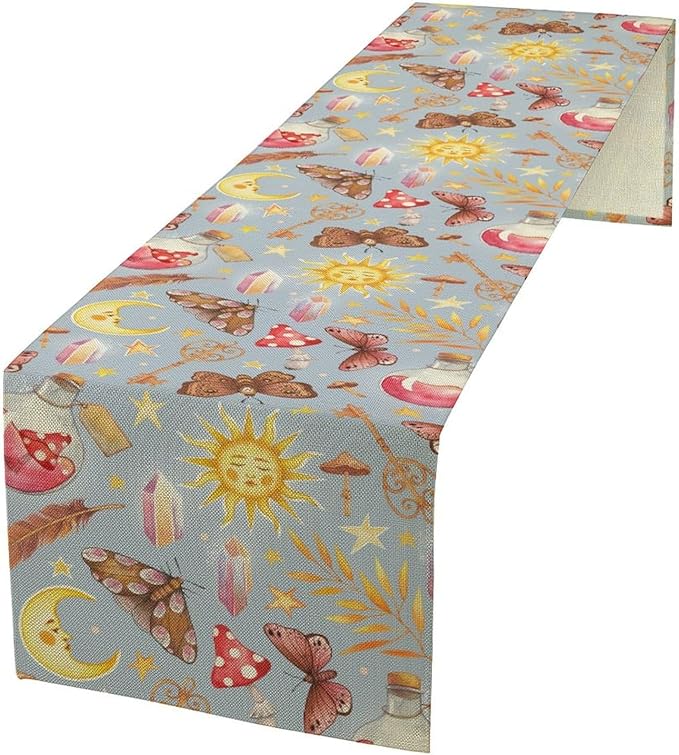Boho Sun Moon Table Runner Mystical Rustic Butterfly Mushroom Star Table Runner for Kitchen Living Room Dinner Holiday 13x60 Inch