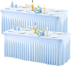 Wish Care 2 Pack Baby Blue Stretch Spandex Table Clothes for 4 Foot Rectangle Tables, 4FT Wrinkle Free Fitted Tablecloths Ruffles Design Table Cover for Party, Banquet, Wedding and Events