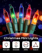 Brightown Multicolor Christmas String Lights, 200-Count 50ft Incandescent Bulb Mini Lights for Indoor Holiday Decor, Christmas Tree Garland Wedding Party Multi-Use Festival Decoration, Green Wire