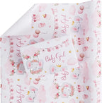 Aimyoo Pink Baby Shower Wrapping Paper Roll - 17 Inch X 32.8 Feet - Cute Elephant with Baby Girl Letter Design Perfect for Girls, Birthday, Party
