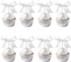 24 PCS Bow Cupcake Toppers Bow Cupcake Picks Bowknot Birthday Party Decorations Bowknot Cake Dessert Picks for Baby Shower Birthday Wedding Bridal Engagement Party Cake Decorations Supplies Silver