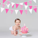 32Ft Hot Pink Party Decorations Pink Buffalo Plaid Checkered White Triangle Flag Gingham Pennant Fabric Garland Streamers for Wedding Birthday Baby Shower Anniversary Party Picnic Garden Decor