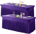 Wish Care 2 Pack Dark Purple Spandex Table Clothes for 4 Foot Rectangle Tables, 4FT Wrinkle Free Fitted Tablecloths Ruffles Design Table Cover for Party, Banquet, Wedding and Events