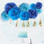 Blue Paper Flower Pom Poms Wall Decorations for Baby Showers, Weddings, Birthdays, Bridal, Tea Parties, Engagement, Home Decor