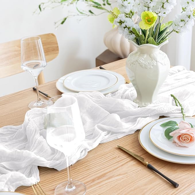 Asee'm 2pcs Cheesecloth Table Runner 120 Inches Long Ivory Boho Gauze Cheese Cloth Runner 10FT Rustic Sheer Table Runners for Christmas Wedding Party Baby Shower Spring Easter Decoration