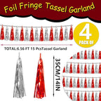 4P Red Silver Foil Fringe Tassel Banner Garland Metallic Tinsel Streamers Wall Hanging Curtain Backdrop Banner for Parade Floats, 2024 Graduation Decorations, Father's Day, Wedding Party Decoration