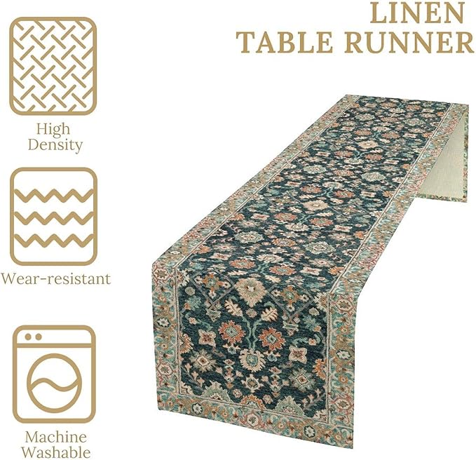 Vintage Boho Floral Table Runner, Rustic Country Farmhouse Blue Teal Red Bohemia Flower Pattern for Home Kitchen Table Decor Dining Coffee Room Party Decor 13x72in