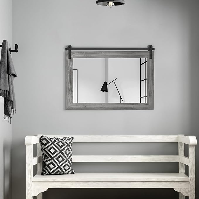 COGOOD Farmhouse Barn Door Mirror - 25" x 18" Rustic Wood Framed Decrative Mirror for Bathroom, Living Room, Entryway Wall Decor (Grey)