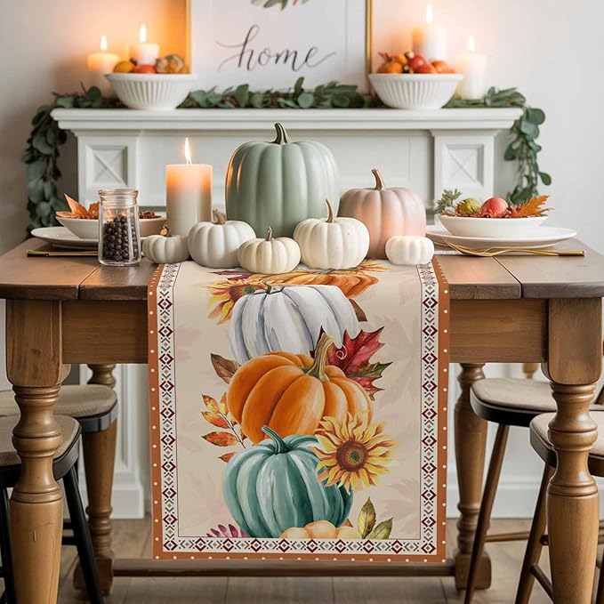 Fall Thanksgiving Southwest Cotton Linen Table Runner for Dining Kitchen, Orange Pumpkins Wedding Outdoor Party Rustic Tablerunners Decoration, Sunflower Dresser Scarf Tablecloth Runners 13x120 Inches