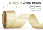 Gold Satin Wired Ribbon 1-1/2 Inch Double-Faced Glitter Ribbons for Wreath, Christmas Tree Decoration, Gift Wrapping, Home Decor 10 Yards