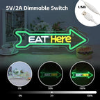 Looklight Eat Here Arrow Neon Sign Dimmale Neon Lights For Wall Decor Led Lights For Home Kitchen Restaurant Bar Party Decor USB Powered 16.6x5.5in
