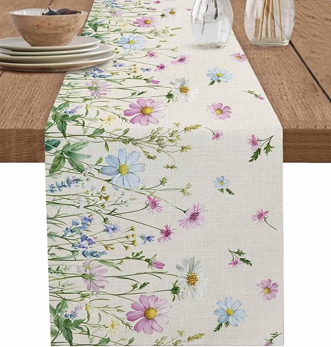 Vintage Wildflowers Cotton Linen Table Runner for Dining Kitchen, Wedding Outdoor Party Tablerunners Decoration, Farm Floral Pink Botanical Plants Dresser Scarf Coffee Tablecloth Runners 13x120 Inches