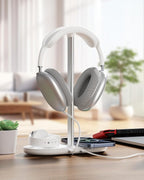 Universal Headphone Stand, Magnetic Wireless Charger for iPhones/AirPods/iWatch, Aluminum Alloy Rod, Leather Pad, ABS Solid Base, White