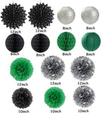 Black-Green Silver Party-Decorations Streamers Lanterns - 14pcs Graduation 2025 Paper Lanterns Fan,Tissue Pom Poms Streamer,Honeycomb Balls,Soccer Supplies Men Boys Birthday Baby Shower Decor Ouruola