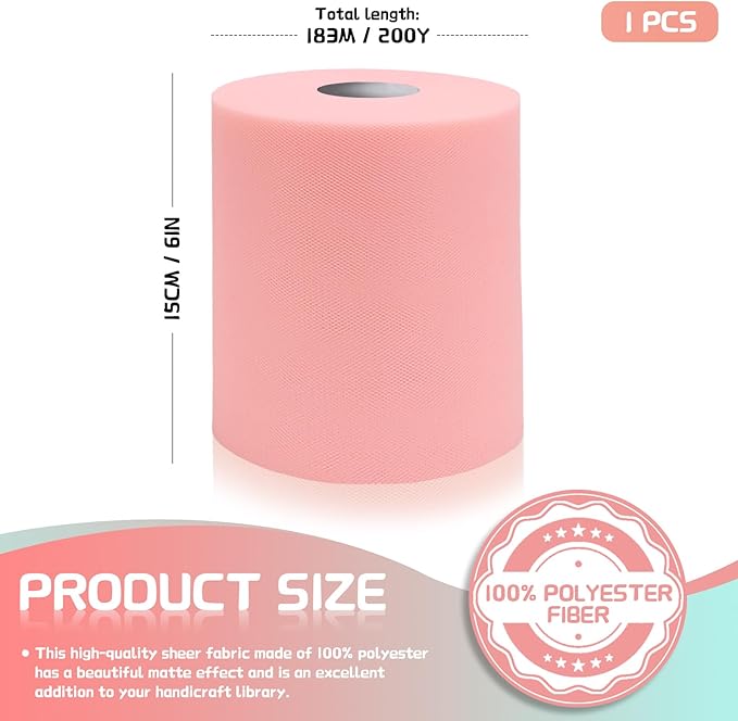 6" x 200 Yards Blush Tulle Fabric Rolls, Blush Spool Tulle Ribbon for DIY Tutu Skirt Wedding Decoration Baby Shower Birthday Party Backdrop Gift Wrapping Bow Craft Supplies