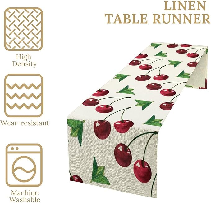 Red Cherry Table Runner Watercolor Tropical Fruit Spring Summer Wild Berry Dinner Runner for Girl Baby Party Holiday Home Kitchen Dining Table Decor 13x60