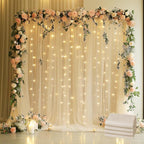 Tulle Backdrop Curtain with Lights String 20 X 8FT Champagne Sheer Tulle Backdrop Curtains for Wedding Birthday Party Reception Photo Booth Background Decorations (4 Panels 5x8FT)