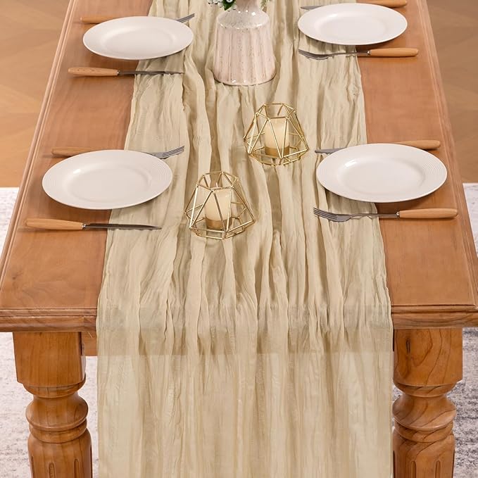 MLMW 10 Pack Champagne Gold Table Runner Cheesecloth Boho Gauze Rustic Cheese Cloth 160 inch Sheer Wedding Table Runner 13.3ft for Thanksgiving Party Baby Bridal Shower Birthday