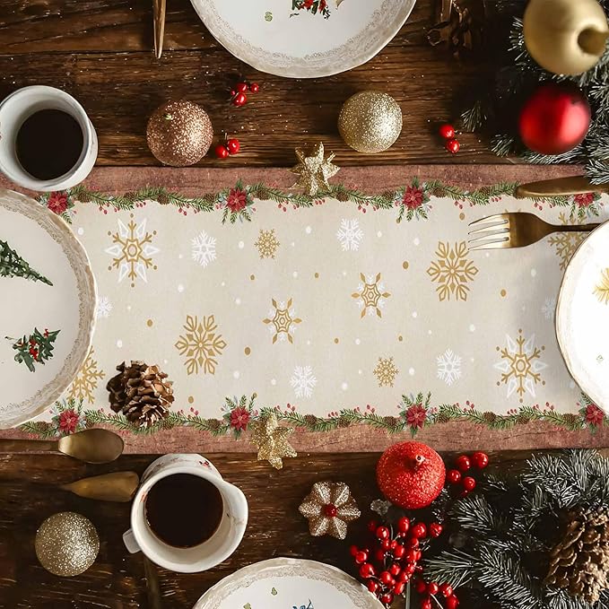 Christmas Gnomes Cotton Linen Table Runner for Dining Kitchen, Xmas Pine Tree Snowflake Rustic Wedding Outdoor Party Tablerunners Decoration, Retro Wood Dresser Scarf Tablecloth Runners 13x36 Inches