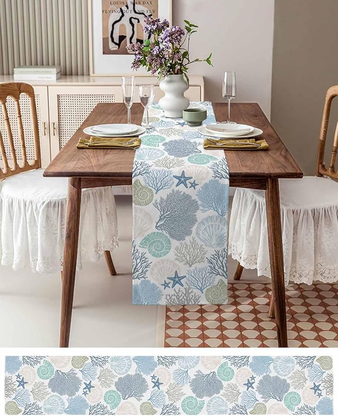 Coastal Coral Cotton Linen Table Runner for Dining Kitchen, Wedding Outdoor Party Tablerunners Decoration, Blue Nautical Starfish Ocean Shell Beach Dresser Scarf Coffee Tablecloth Runners 13x72 Inches