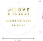 Andaz Press Personalized Round Circle Wedding Gift Tags, Metallic Gold Ink, with Love and Thanks, 24-Pack, Custom Made Any Name