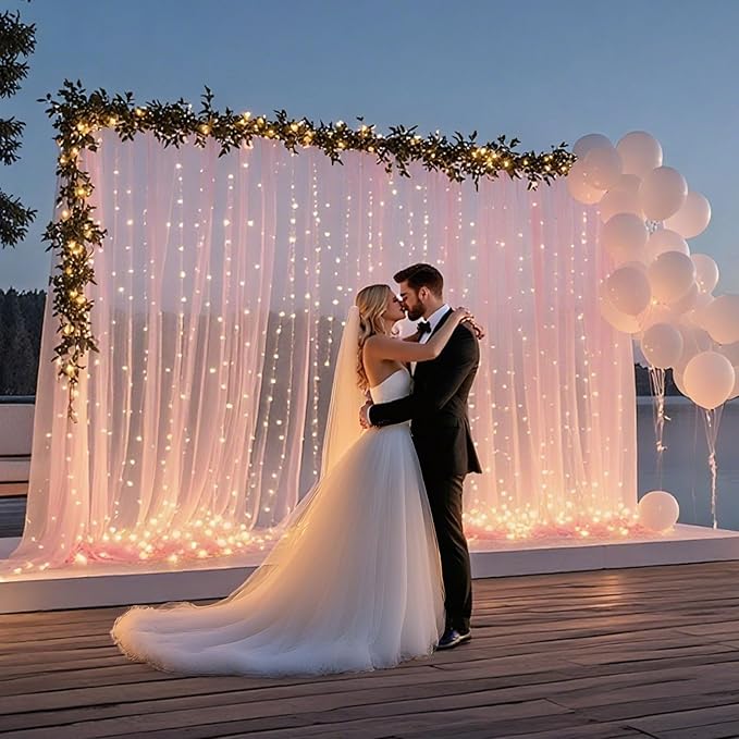 10×10ft Tulle Backdrop Curtains with Lights String - 300LED Fairy Lights Sheer Curtain Backdrop for Weddings Baby Shower and Birthday Party Decorations(8 Panels 5×10ft)